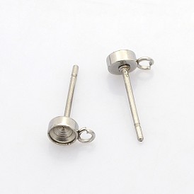 304 Stainless Steel Stud Earring Settings, Earring Posts, with Loop, Tray: 3mm, 7x4mm, Hole: 1mm, Pin: 0.7mm