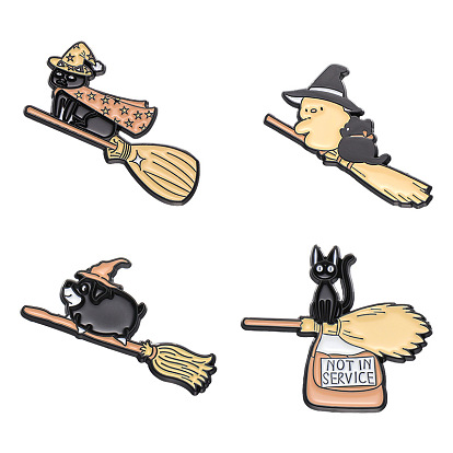 Cartoon Animal Magician Riding Broom Enamel Pins, Alloy Brooch, Dog/Cat/Duck