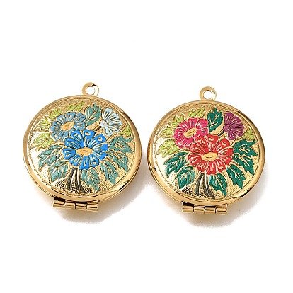 304 colgantes medallón de acero inoxidable, con esmalte, redondo con dijes de flores, dorado