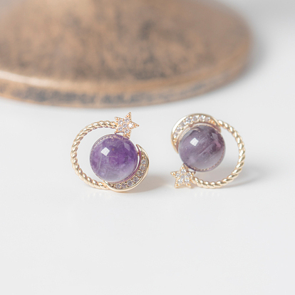 Natural Amethyst Moon and Star Stud Earrings with Clear Cubic Zirconia, Brass Earrings with 925 Sterling Silver Pins for Women