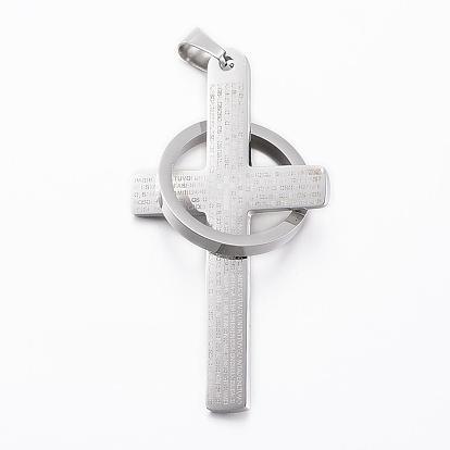 304 Stainless Steel Big Pendants, Cross with Rings and Words