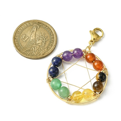 Wire Wrapped Chakra Mixed Gemstone Pendant Decorations, with 304 Stainless Steel Lobster Claw Clasps