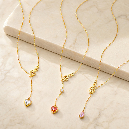 Adjustable 304 Stainless Steel Pave Cubic Zirconia Heart Teardrop Pendant Y Necklaces, Musical Note Lariat Necklaces, Golden