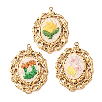 304 Stainless Steel & Cloth Embroidered Pendants, Oval with Flower Charms, Ion Plating(IP), Long-Lasting Plated, Real 18K Gold Plated