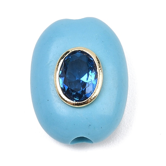Dyed Synthetic Turquoise Beads, with Brass Micro Pave Cubic Zirconia, Flat Oval, Rack Plating, Long-Lasting Plated, Lead Free & Cadmium Free, Real 18K Gold Plated
