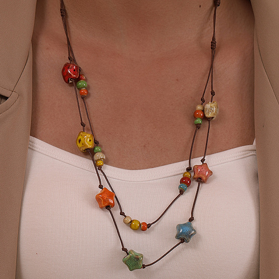 Богемные длинные ожерелья ручной работы из цветного фарфора с бусинами из вощеного шнура для женщин