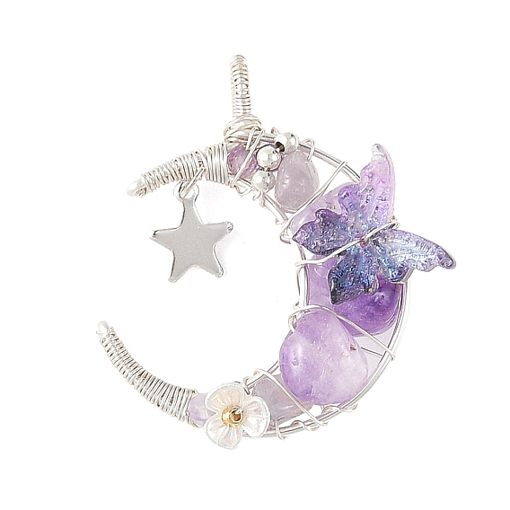 Natural Amethyst Round Chip Wire Wrapped Pendants, Moon Charms with Acrylic Butterfly, Silver Color Plated
