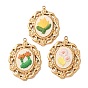 304 Stainless Steel & Cloth Embroidered Pendants, Oval with Flower Charms, Ion Plating(IP), Long-Lasting Plated, Real 18K Gold Plated