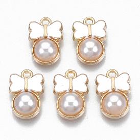 Alloy Enamel Charms, with ABS Plastic Imitation Pearl, Bowknot, Light Gold