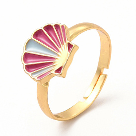 Medium Violet Red Enamel Shlell Adjustable Ring, Rack Plating Alloy Jewelry for Women, Nickel Free