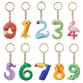 10 Pcs Animal Number PVC Plastic Pendants Keychains, with Iron Split Key Rings, Fox/Giraffe/Swan