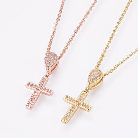 Brass Micro Pave Cubic Zirconia Pendant Necklaces, with Brass Cable Chains, Cross
