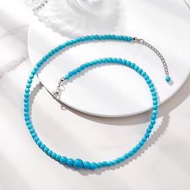 Ожерелья из круглых градуированных бусин из окрашенной синтетической бирюзы для женщин, цвет нержавеющей стали