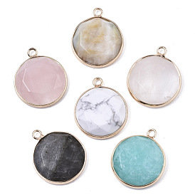 Natural Gemstone Pendants, with Light Gold Plated Brass Edge, Half Round, Faceted
