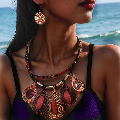 Овальные подвески из ожерелий с бусинами из смолы, обмотанными алюминиевой проволокой, и комплекты плоских круглых висячих серег