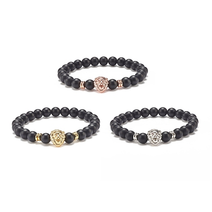 Synthetic Black Stone Round Beaded Stretch Bracelet with Brass Lion, Gemstone Jewelry for Women