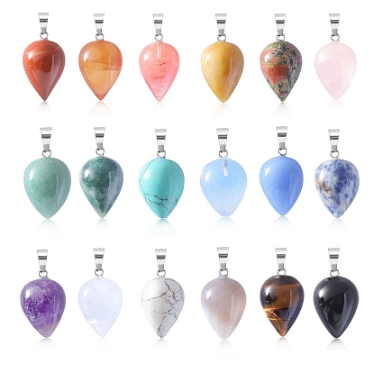 Gemstone Pendants, Teardrop Charms with Platinum Plated Metal Snap on Bails