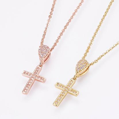 Brass Micro Pave Cubic Zirconia Pendant Necklaces, with Brass Cable Chains, Cross