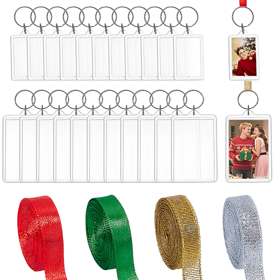 Пластиковая фоторамка брелок, с фурнитурой платина железная, прямоугольный пустой брелок для фотографий, рамки для фотографий своими руками, односторонняя атласная лента, полиэфирная лента и блестящая металлическая лента