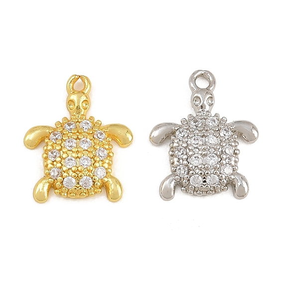 Brass Micro Pave Clear Cubic Zirconia Charms, Turtle Charms, Rack Plating, Long-Lasting Plated, Cadmium Free & Lead Free
