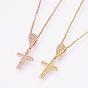 Brass Micro Pave Cubic Zirconia Pendant Necklaces, with Brass Cable Chains, Cross