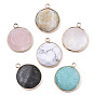 Natural Gemstone Pendants, with Light Gold Plated Brass Edge, Half Round, Faceted