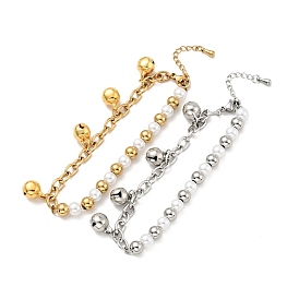 201 bracelet à breloques cloche en acier inoxydable, bracelet en perles de plastique avec 304 gourmettes en acier inoxydable pour femme