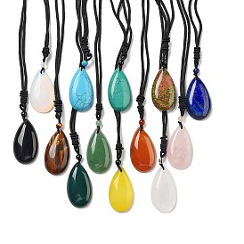 Gemstone Pendant Necklace with Nylon Cord for Women, Teardrop