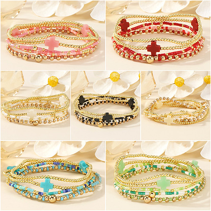 5шт. 5 стили браслетов из латуни и смоляных бусин на эластичной основе, составные браслеты для женщин, крест, круг и столбик, золотые