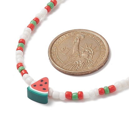 Summer Theme Handmade Polymer Clay Fruit Bead Necklaces, Glass Beaded Choker Necklace with 304 Stainless Steel Lobster Claw Clasps & Extender Chain, for Women