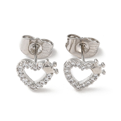 Brass Rhinestone Stud Earrings, Heart with Crown
