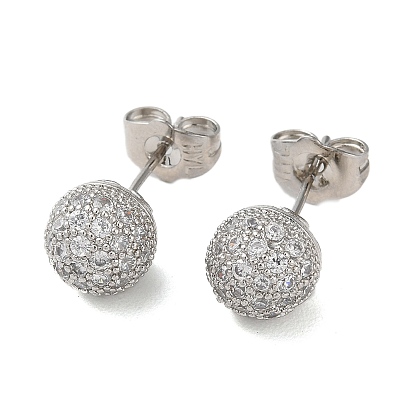Brass Rhinestone Stud Earrings, Round Ball
