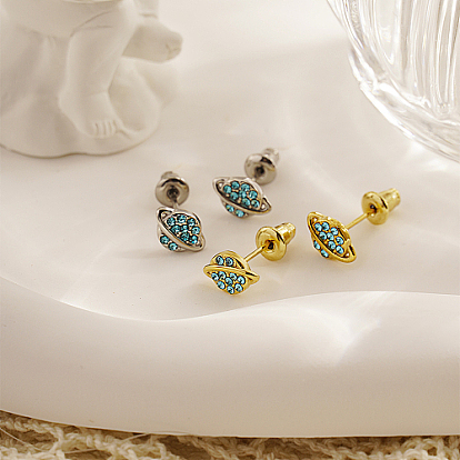 Planet 304 Stainless Steel Stud Earrings, Light Sky Blue Cubic Zirconia Earrings for Women