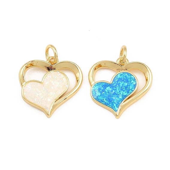Brass & Synthetic Opal Pendants, Heart Charms, Long-Lasting Plated, Lead Free & Cadmium Free, Rack Plating, Real 18K Gold Plated