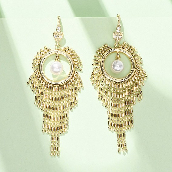 Brass Micro Pave Cubic Zirconia Dangle Earrings, Round, with Imitation Pearl, Tassel Earrings