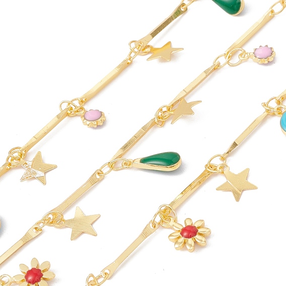 Handmade Eco-friendly Brass Bar Link Chain, with Enamel Flower & Teardrop & Ring & Star Charms, Real 18K Gold Plated, Lead Free & Cadmium Free, Soldered, with Spool