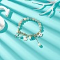 Natural Flower Amazonite & Shell Pearl Beaded Stretch Bracelet, Alloy Enamel Starfish & Shell & Fish Charms Bracelet with Curb Chains for Women