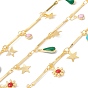 Handmade Eco-friendly Brass Bar Link Chain, with Enamel Flower & Teardrop & Ring & Star Charms, Real 18K Gold Plated, Lead Free & Cadmium Free, Soldered, with Spool