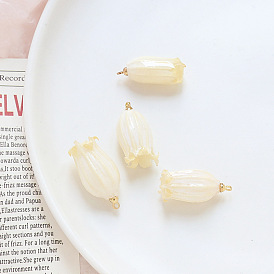 Opaque Resin Pendants, Flower Charms, with Golden Tone Brass Findings