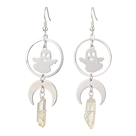 Boucles d'oreilles pendantes en cristal de quartz naturel et en acier inoxydable, boucles d'oreilles longues fantômes pour Halloween