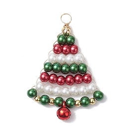 Кулоны из стекла с жемчугом и росписью для выпечки, Рождественские елки, с золотой медной проволокой и колокольчиком
