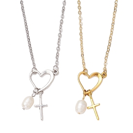 Ожерелья в форме сердца с крестом из нержавеющей стали и искусственного жемчуга ABS для женщин