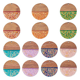 14 шт. 7 цвета: непрозрачная смола и подвески из орехового дерева, плоские круглые прелести, с блестящей пудрой и золотой фольгой