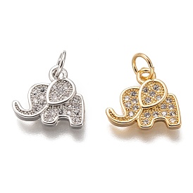 Brass Micro Pave Clear Cubic Zirconia Charms, Long-Lasting Plated, with Jump Ring, Elephant
