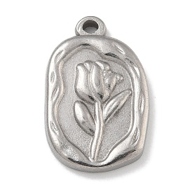 304 Stainless Steel Pendants, Oval with Flower Charm