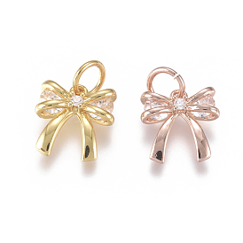 Brass Charms, with Micro Pave Cubic Zirconia and Jump Rings, Bowknot