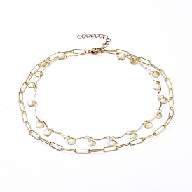 Brass Chain Tiered Necklaces, Double Layer Necklaces, with Bar Link Chains, Paperclip Chains and Lobster Claw Clasps, Scallop Shape