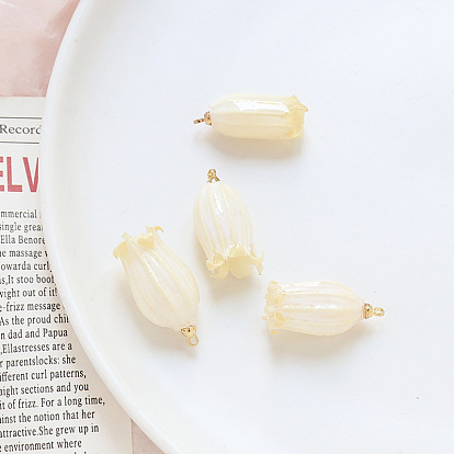 Opaque Resin Pendants, Flower Charms, with Golden Tone Brass Findings