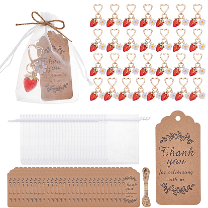 30Porte-clés pendentif fraise et marguerite en alliage émaillé (pièces), pour les accessoires de sac de clé de voiture, avec 30 sachets en organza et 30 étiquettes de prix en papier kraft, 1 paquet de corde de jute