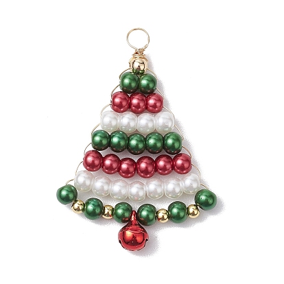 Кулоны из стекла с жемчугом и росписью для выпечки, Рождественские елки, с золотой медной проволокой и колокольчиком